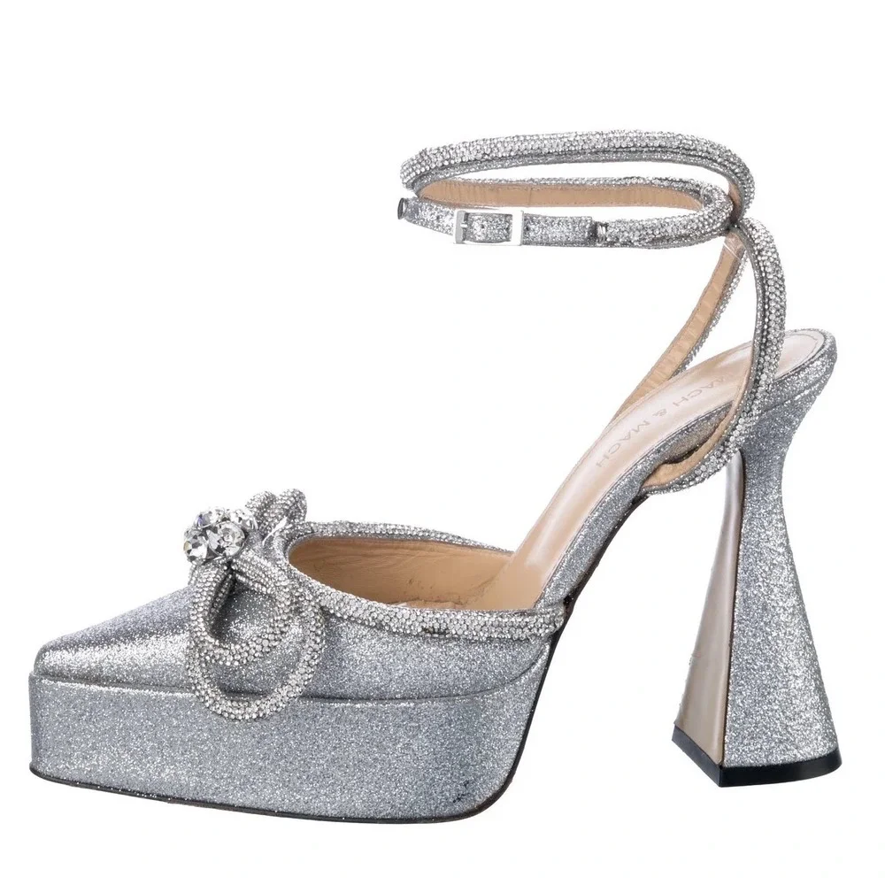 Silver Glitter Double Bow Platform Pumps Ankle Strap Heels 5.5 Wedding